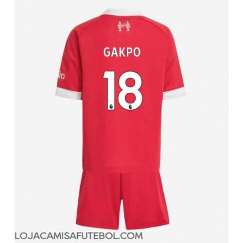 Camisa de Futebol Liverpool Cody Gakpo #18 Equipamento Principal Infantil 2025-26 Manga Curta (+ Calças curtas)